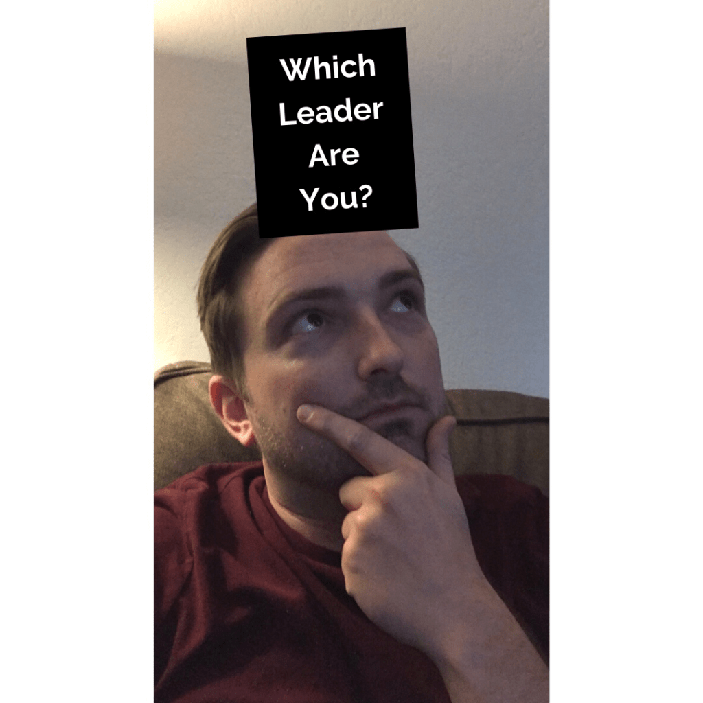Nick thinking with a "Which Leader Are You?" graphic above is head.
