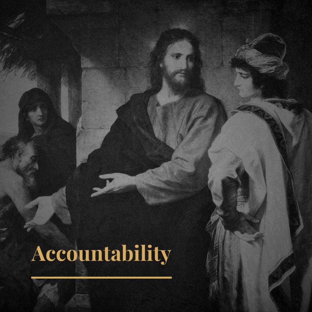 Black and white picture of Jesus talking to rich young man. 