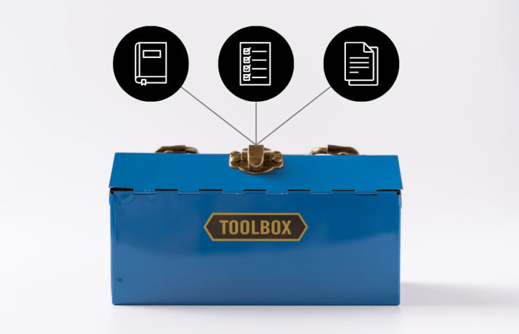 Blue toolbox with black ebook, quiz, and handout icons.